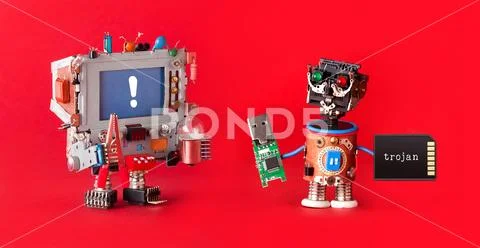 Computer cyber attack. Robot hacker trojan software usb stick memory card Stock Photos
