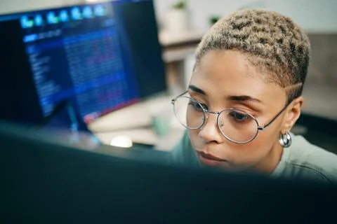 Computer, cyber security and face of woman programming ERP software Foto stock