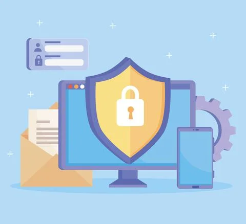 Computer with cyber security icons Stock Illustration