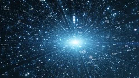 Computer cyberspace word cloud on flickering blue digital background Stock Footage 344793856