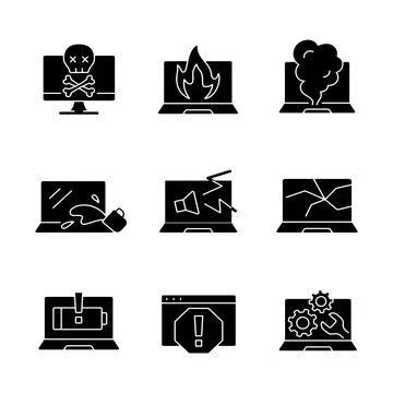 Computer damage black glyph icons set on white space 스톡 일러스트