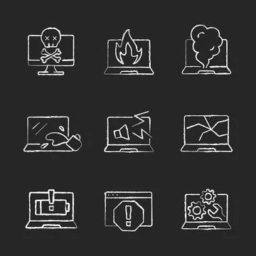 Computer damage chalk white icons set on black background Stock Illustration