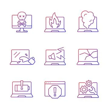 Computer damage gradient linear vector icons set Stock Illustration
