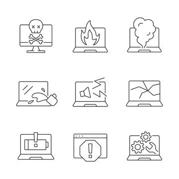 Computer damage linear icons set Stock Illustration