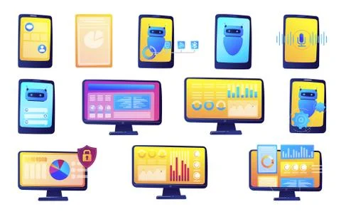 Computer data analysis and chat bot vector illustrations set. Illustrazione stock