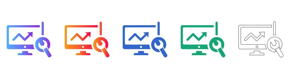 Computer Data Analysis and Wrench Icon Set 스톡 일러스트