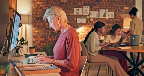 Computer, data and senior woman typing feedback review of social media, customer Stock Footage 231593836