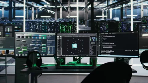 Computer in data center managing network resources using node tree software Video stock 307015716