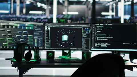 Computer in data center managing network resources using node tree software Stock Footage 307033372