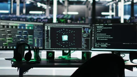 Computer in data center managing network resources using node tree software Stock Footage 309120384