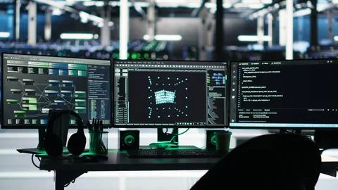 Computer in data center managing network resources using node tree software Stock Photos