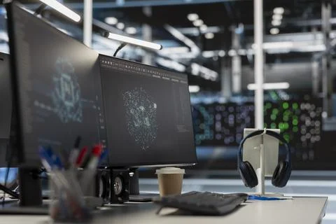 Computer in data center office overseeing server cabinets used for AI systems Stock Photos