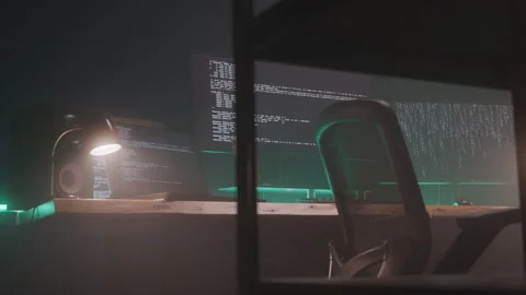 Computer Data Come Across Hacker's Computer Screens in Dark Room at Night Stock Footage 208787065