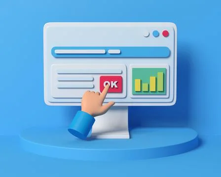 Computer with data, diagram. The hand presses the Ok button. Stock Illustration