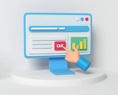 Computer with data, diagram. The hand presses the Ok button. Stock Illustration