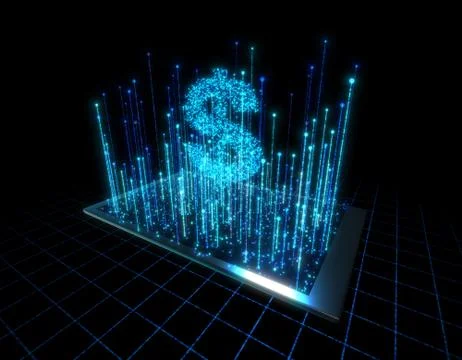 Computer data, electronic technology, dollars Illustrazione stock