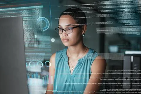 Computer data, hologram hud or woman review finance chart, stock market database Stock Photos