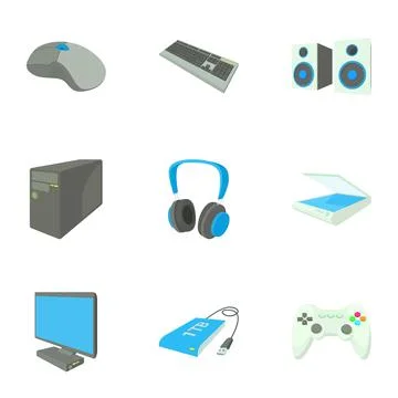Computer data icons set, cartoon style Illustrazione stock
