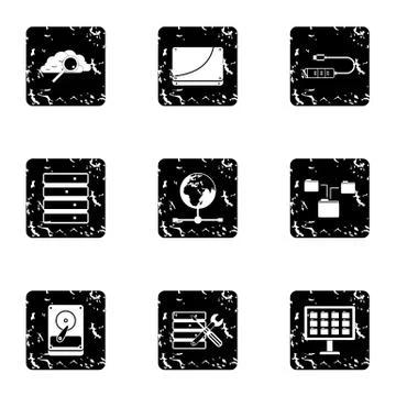 Computer data icons set, grunge style Stock Illustration