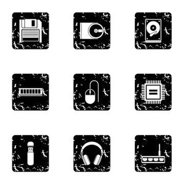 Computer data icons set, grunge style 스톡 일러스트
