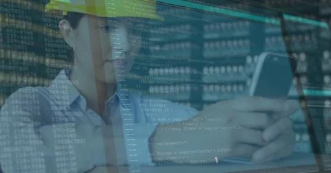 Computer data processing against female caucasian architect using smartphone Foto stock