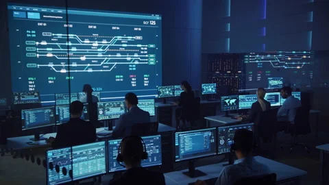 Computer Data Science Engineers Work in Control and Monitoring Room Stock Footage 135925066