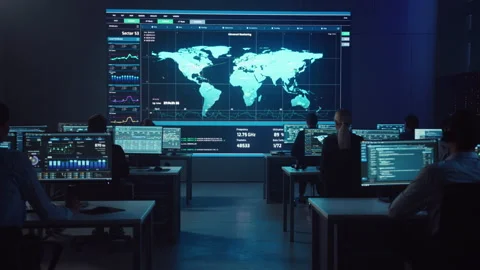 Computer Data Science Engineers Work in Control and Monitoring Room Stock Footage 135927253