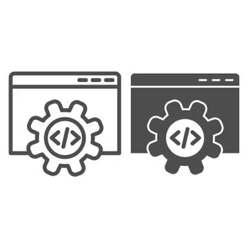 Computer data settings line and solid icon. Mechanical gear inside browser Stock Illustration