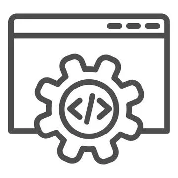 Computer data settings line icon. Mechanical gear inside browser window イラスト素材