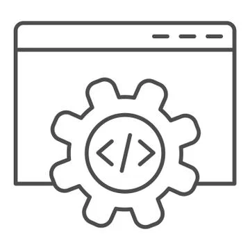 Computer data settings thin line icon. Mechanical gear inside browser window イラスト素材