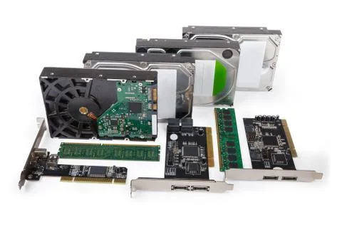 Computer data storage devices different types on a white background Stock Photos