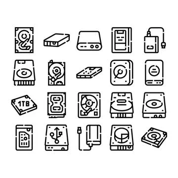 Computer data storage devices line icons collection Stock Illustration