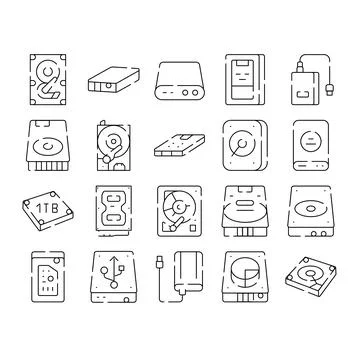 Computer data storage devices line art icons Stock Illustration
