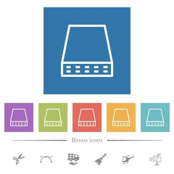 Computer data storage outline flat white icons in square backgrounds Stock Illustration