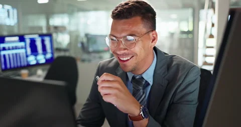Computer, database and man in office with glasses, smile and code research for Stock Footage 271080538