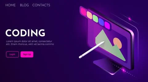 Computer design and digital art. Isometric computer with pen and design tools Stockillustratie