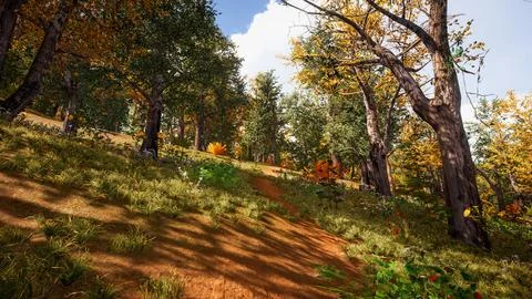 Computer designed natural landscape with forest environment 3D render Stock Illustration