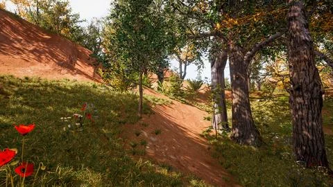 Computer designed natural landscape with forest environment 3D render Illustrazione stock