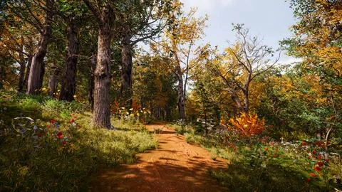 Computer designed natural landscape with forest environment 3D render Stock Illustration