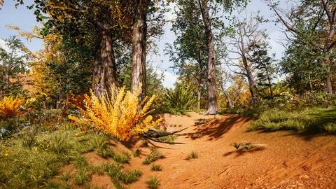 Computer designed natural landscape with forest environment 3D render Stock Illustration