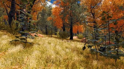 Computer designed natural landscape with forest environment 3D render Illustrazione stock