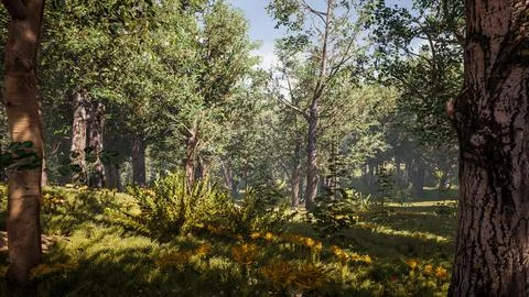 Computer designed natural landscape with forest environment 3D render Illustrazione stock