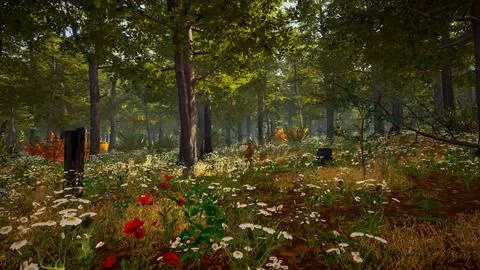 Computer designed natural landscape with forest environment 3D render Stock Illustration