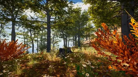 Computer designed natural landscape with forest environment 3D render Stock Illustration