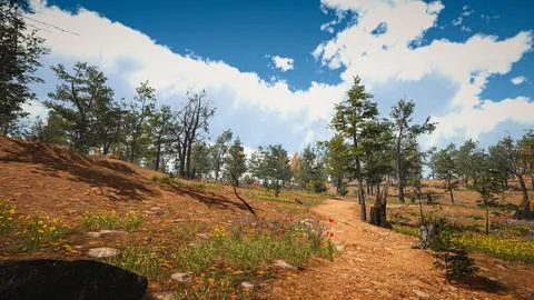 Computer designed natural landscape with forest environment 3D render Stock Illustration