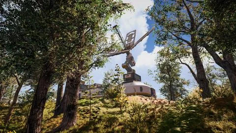 Computer designed natural landscape with forest environment 3D render Illustrazione stock