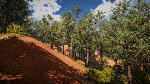 Computer designed natural landscape with forest environment 3D render Stock Illustration