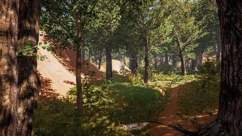 Computer designed natural landscape with forest environment 3D render Illustrazione stock