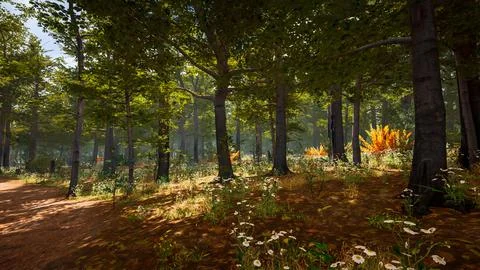 Computer designed natural landscape with forest environment 3D render Stock Illustration