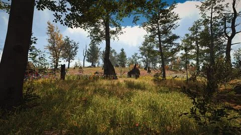 Computer designed natural landscape with forest environment 3D render Stock Illustration